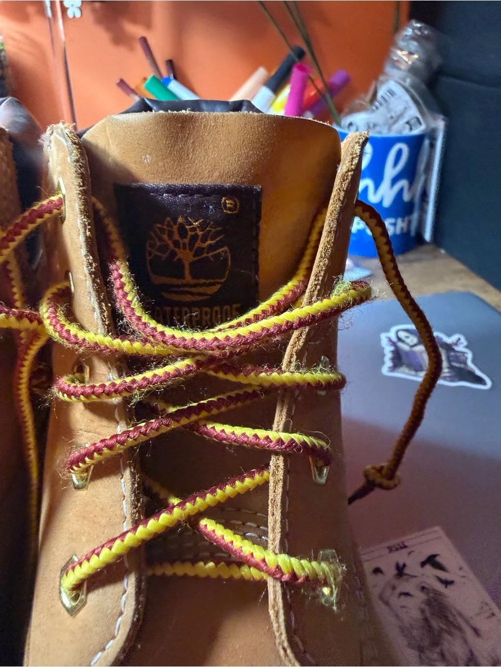 Youth Tan Waterproof Work Boots with Yellow-Brown Laces. Sz 4 Timberlands